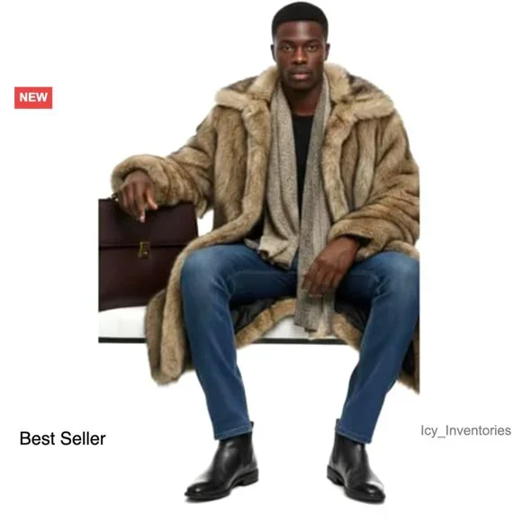 Long Faux Fur Coat Trench Jacket Men's Winter Elegant Classic Toggle Closure